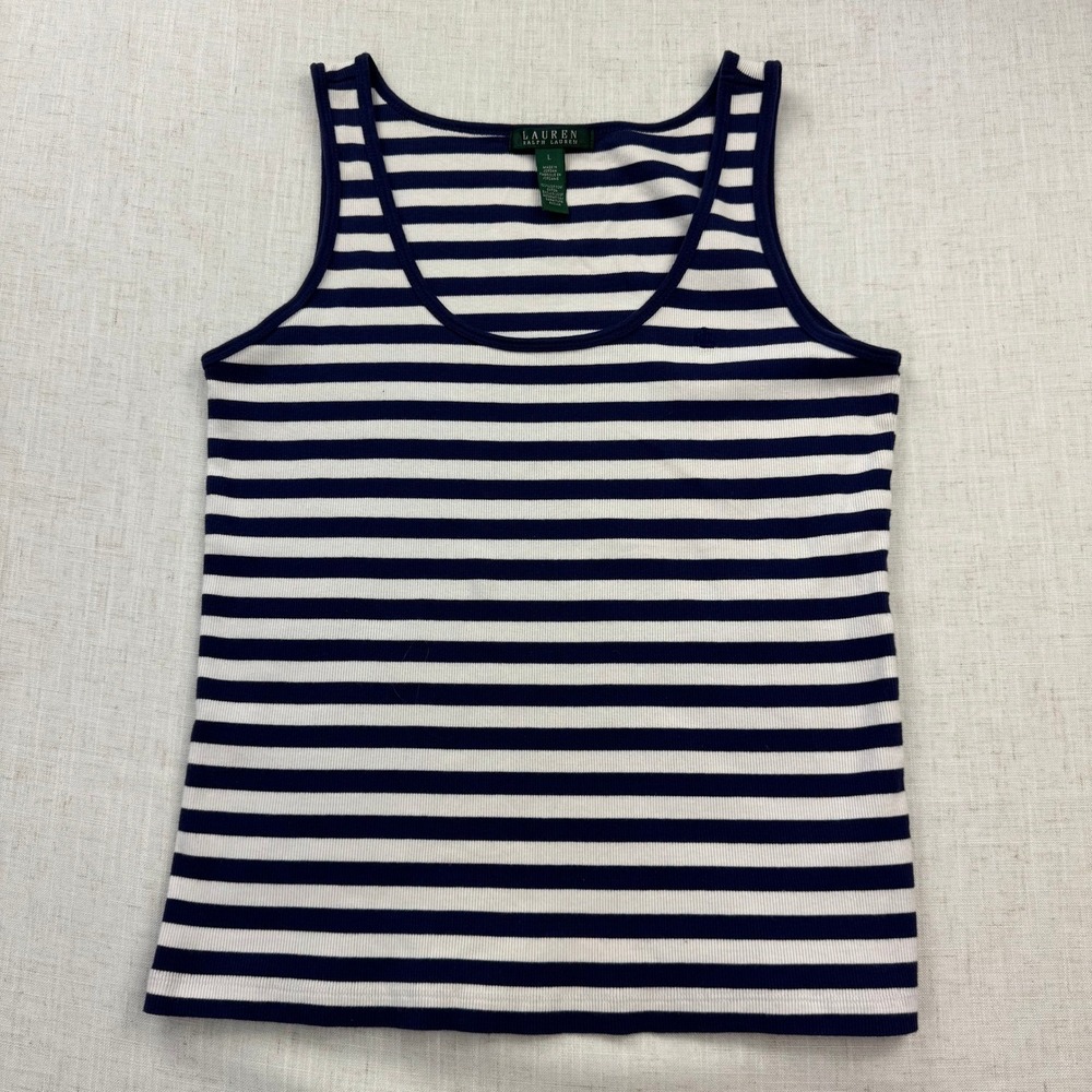 Lauren Ralph Lauren Tank Top Womens Large Blue White Striped Ribbed Nautical RL